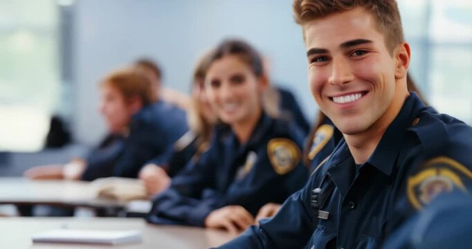 police academic training, policeman education learning, police officer staff hiring recruitment. young Caucasian man in blue police uniform sitting in classroom seminar with students, slow motion