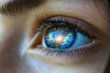 Naklejka premium A mesmerizing close-up of a human eye reflecting the vast cosmos filled with stars and galaxies, symbolizing wonder and the depth of human imagination and dreams.