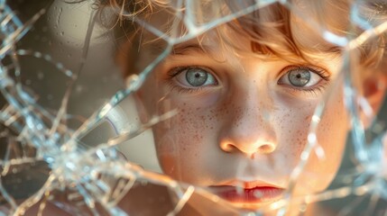 Child's expressive face framed by broken glass in natural light at home