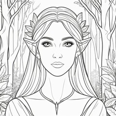 elf girl in a magical forest coloring book. Generative ai