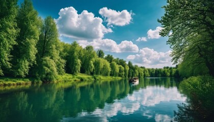 river with a boat in summer. green trees and blue sky behind. holidays in the village