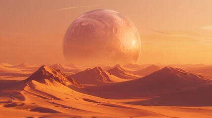 surreal desert landscape with golden sand dunes stretching into the horizon