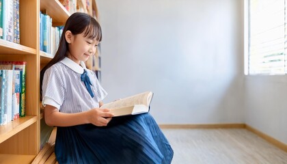 Naklejka premium 図書館で本を読んでいる少女（girl reading a book in the library） 