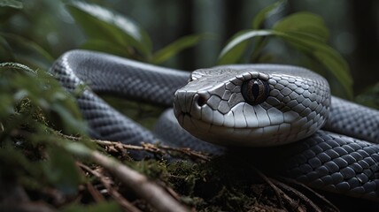 Fototapeta premium Majestic Grey Snake Crawling Through A Forest 