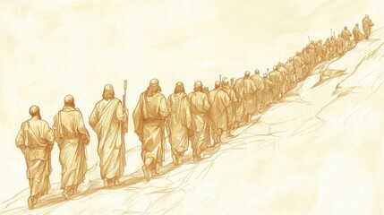 Exodus:The Covenant Confirmed,Covenant Confirmed: Israelite Leaders Ascend Mount Sinai with Moses - Biblical Illustration, Bible Wall Art, Beige Background