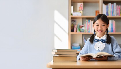図書館で本を読んでいる少女（girl reading a book in the library）
