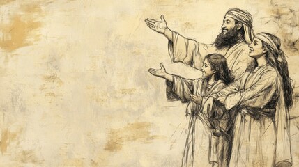 Fototapeta premium Exodus:Consecration of the Firstborn,Joyful Israelite Family Thanks God for Firstborn, Uplifted Hands - Biblical Illustration, Bible Wall Art, Beige Background - Consecration of Firstborn