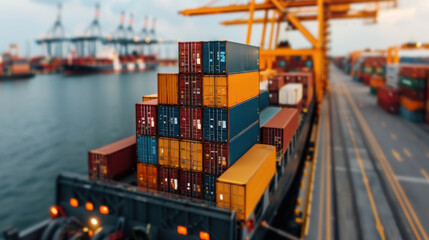 Stacked shipping containers at a bustling port, symbolizing global trade, maritime logistics, and the shipping industry.