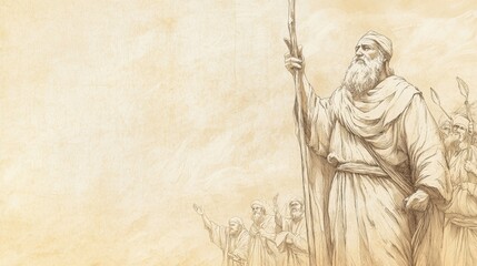 Fototapeta premium Exodus:Manna and Quail,Expectant Israelites Watch as Moses Raises Staff, Praying for God's Provision - Biblical Illustration, Bible Wall Art, Beige Background - Manna and Quail