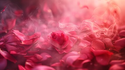 Soft red rose petals with delicate smoke in a serene setting