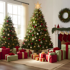 Joyful Christmas Morning Scene with Decorated Tree, Wrapped Presents, Natural Light, Warm and Happy Holiday Atmosphere