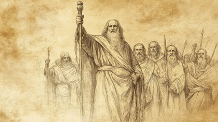 Fototapeta premium Exodus:The Command to Leave Sinai, Exodus Story: Moses Signaling Journey Start with Lifted Staff - Bible Wall Art Illustration