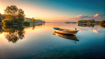 Fototapeta premium Boat floating peacefully on a calm river, boat, river, water, peaceful, calm, nature, tranquil, serene, transportation