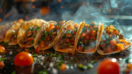 Savor the experience of enjoying delectable tacos made with fresh ingredients in a smoky ambience. Perfect for food blogs, culinary websites, and highlighting Mexican cuisine