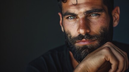 Fototapeta premium Serious man with a beard and intense gaze posing against a dark background in early evening light