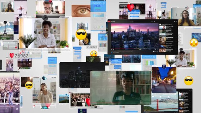 
Social Media Feeds, Financial Data, Emoji and Text messages. The Video Highlights Online Interaction, Urban Life, And Digital Economy In A Connected World. Viral Videos, Profiles with Influencers.
