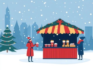 Christmas booth selling hot cocoa and holiday treats, winter wonderland, flat design illustration