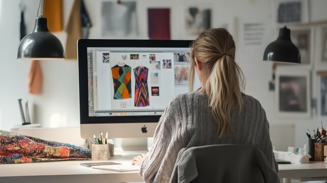 A designer explores colorful fashion designs on a computer screen