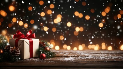 Beautifully wrapped christmas present on a rustic table with twinkling lights and snowfall, evoking the holiday atmosphere with red, gold, and white ornaments
