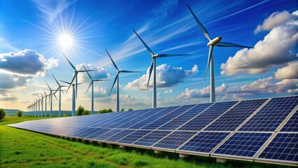 Renewable energy concept Solar panels and wind turbines against a blue sky , renewable energy