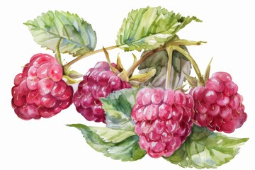 watercolor raspberry beautiful fruit with leaves,white background