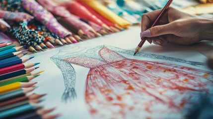 An artist meticulously designs a stunning dress using vibrant colored pencils
