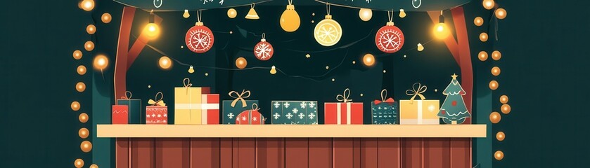 Christmas crafts booth with handmade ornaments and lights, flat design illustration
