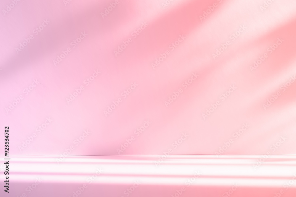 Poster Abstract pink color gradient studio background for product presentation. Empty room with shadows of window and flowers and plant leaves . 3d room with copy space. Summer concert. Blurred backdrop.