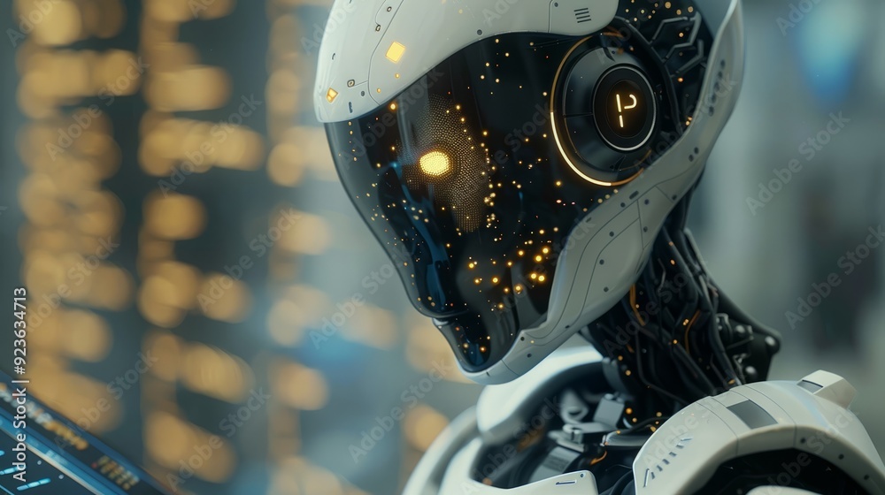 Poster a futuristic robot analyzing data in a high-tech laboratory