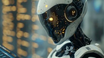 A futuristic robot analyzing data in a high-tech laboratory