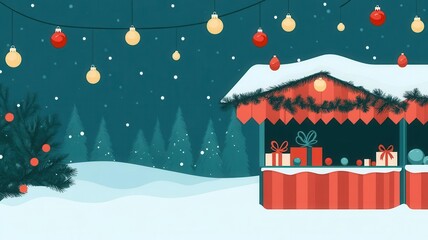 Christmas market booth with holiday ornaments and lights, cozy winter scene, flat design illustration