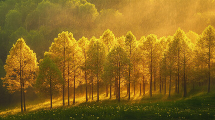Many trees in early growth, morning sun rising, warm light with rain falling in the sunlight.