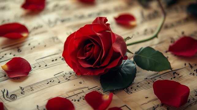 Red rose resting on vintage sheet music with scattered rose petals