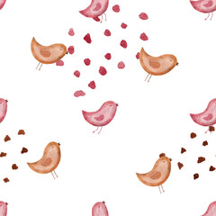 Childrens cute seamless pattern with pink and brown birds and points. Handmade watercolor illustration on white background. For design, textile