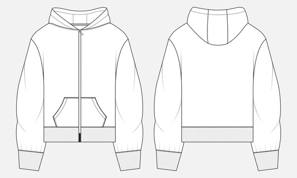 Long sleeve hoodie technical drawing fashion flat sketch vector illustration template front and back views. 