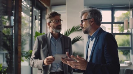 Fototapeta premium Two men are actively conversing in a stylish office filled with greenery, sharing ideas and insights in a collaborative atmosphere