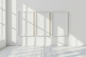 Minimalist Three Blank Frames Mockup on Sunlit White Wall