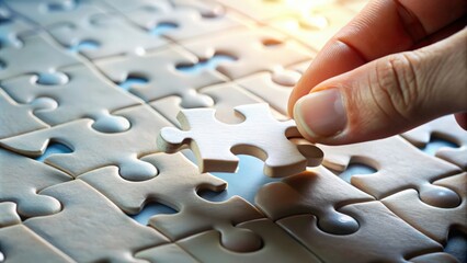 A close-up of a hand placing the final piece of a puzzle into place , completion, achievement, solution, success