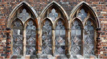 Obraz premium Historic gothic windows adorn a brick wall in an old church during daylight