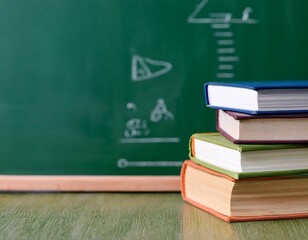 Books and a chalkboard representing the classroom and learning environment, symbolizing education, teaching, and academic growth.