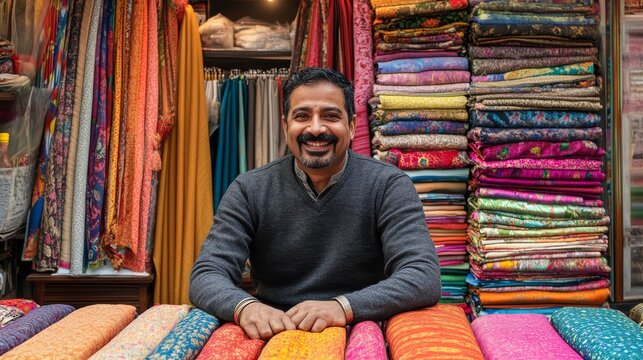 A fabric merchant displays vibrant textiles in a lively marketplace