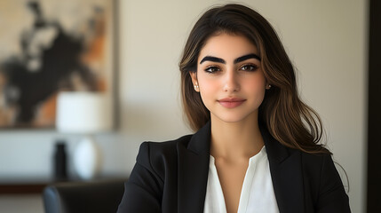 Elegantly Furnished Home Office for Hybrid Work Model: Female Professional in White Blouse and Chic Blazer, Friendly and Professional with Stylish Décor