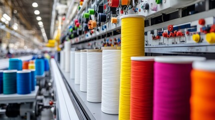 Colorful spools of thread fill the workspace in a lively textile production area