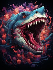 Intense Great White Shark Design on Black Background