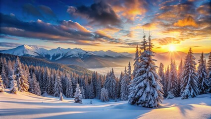 Fototapeta premium Winter landscape panorama with a majestic sunrise over snow-covered mountains and trees, winter, landscape, panorama, sunrise
