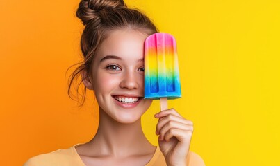 A cheerful girl holding a colorful ice pop against a vibrant yellow background, capturing the essence of summer joy.