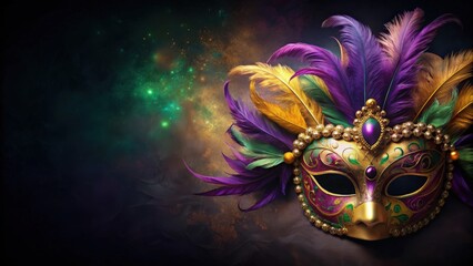 Mardi Gras carnival mask with feathers on dark background, Mardi Gras, carnival, mask, colorful, feathers, green, purple