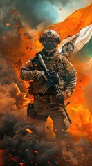 An Indian soldier holding Indian flag in hand standing with war background