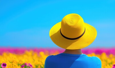 A person in a bright yellow hat enjoys a colorful flower field under a clear blue sky, capturing the essence of summer.