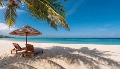 Fototapeta premium Serene Beach Scene With Palm Tree and Sun Loungers on a Sunny Day